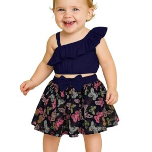A.T.U.N. (ALL THINGS UBER NICE) Baby Girls One Shoulder Crop Top with Printed Skirt & Matching Headband Set | 3 Piece Outfit Set for Kids
