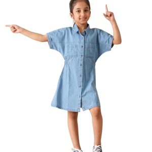 Amazon Brand - Symbol Girl's Cotton Denim Shirt Knee-Length Casual Dress